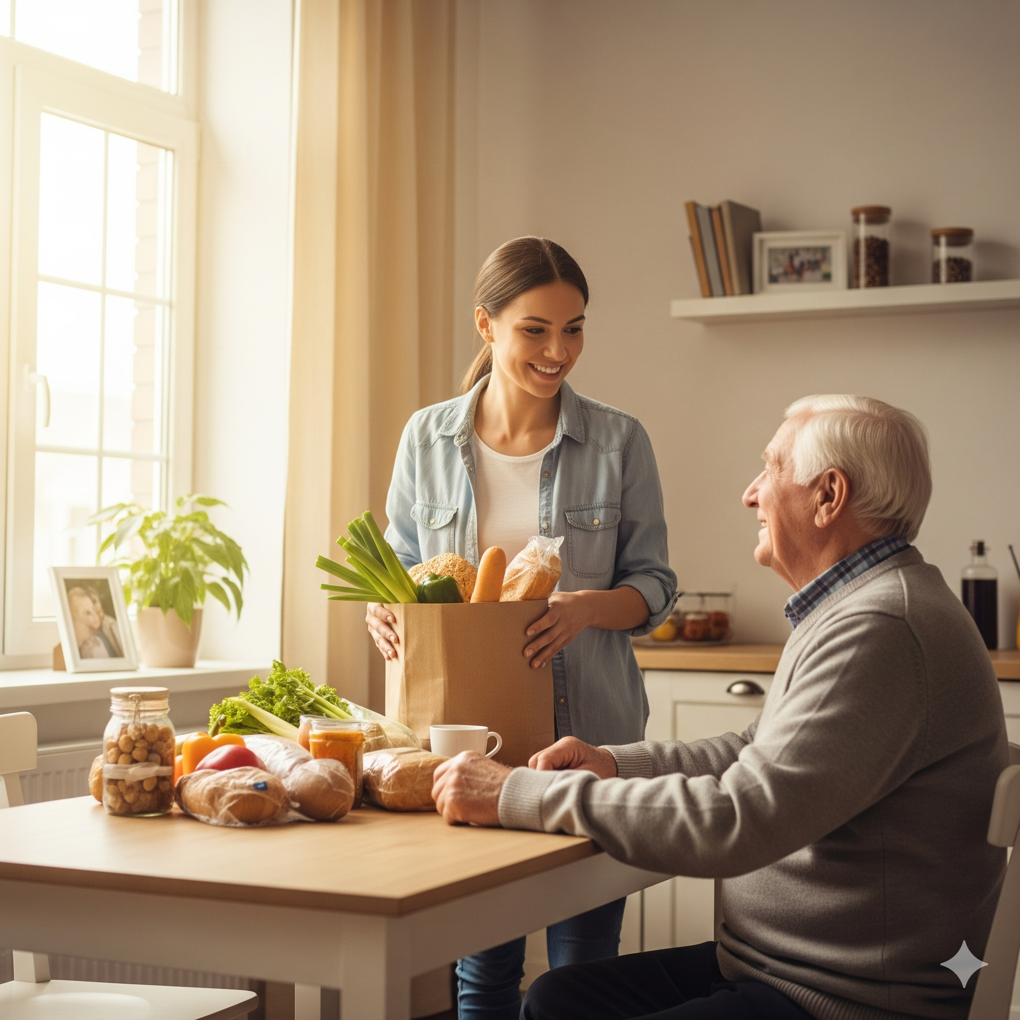 Eine jüngere Person hilft einer älteren Person beim Einkaufen